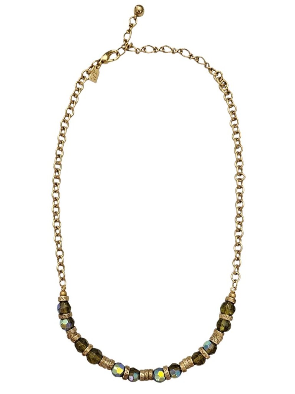 Lady Remington Gold Tone Brass Style Blue Green AB Bead Necklace Signed, J96